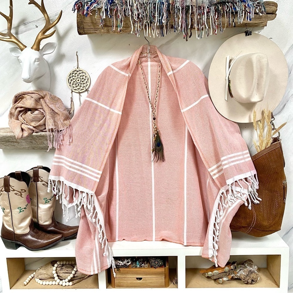 Beach Cape cocoon cover up Turkish upcycled towel w fringe & cabin beach vibe - Picture 3 of 9